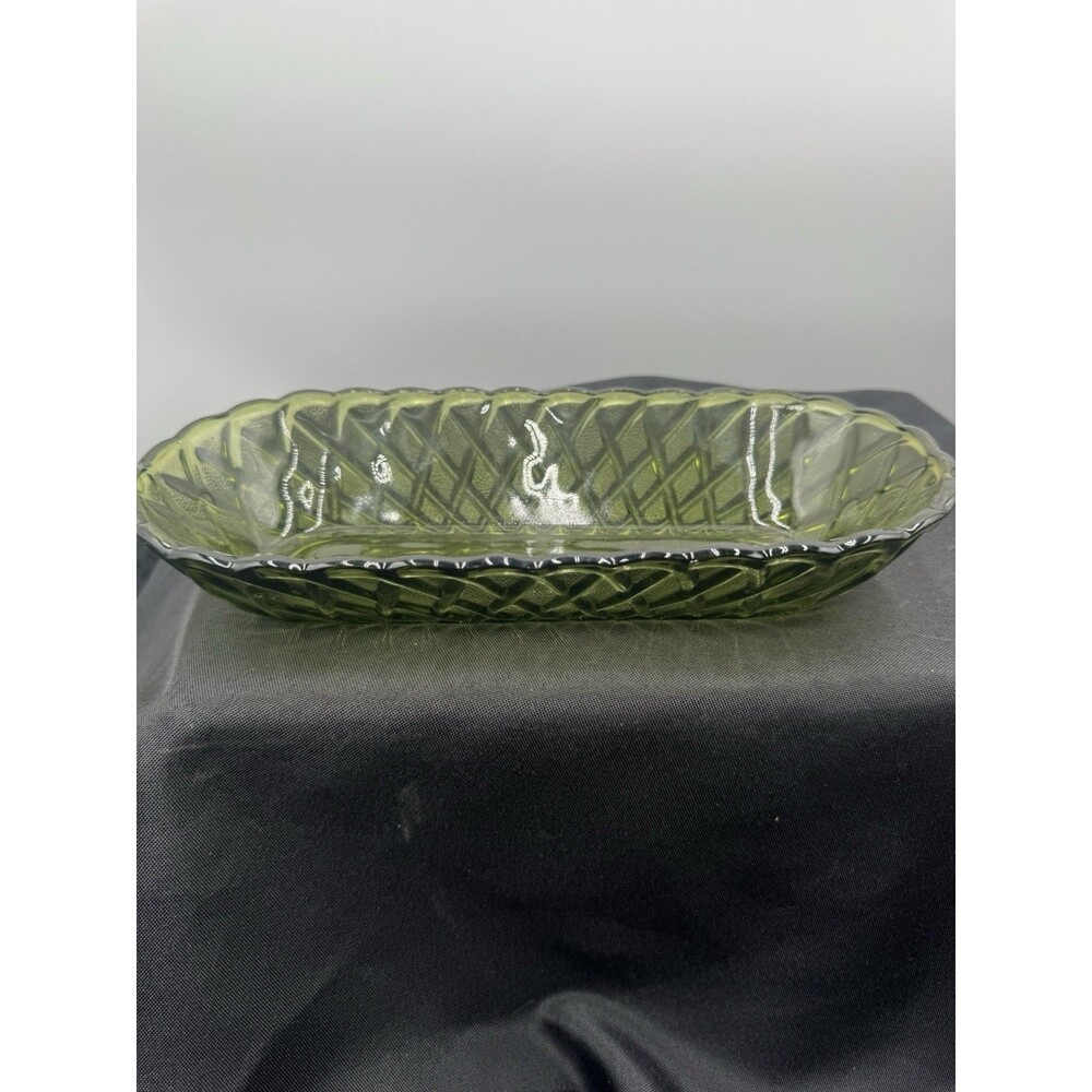 Vintage Indiana Glass  Green Basket Weave Design Celery Asparagus Pickle Dish